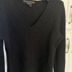 Ralph Lauren  Black Label cashmere Classic Black Cable Knit V-Neck Sweater